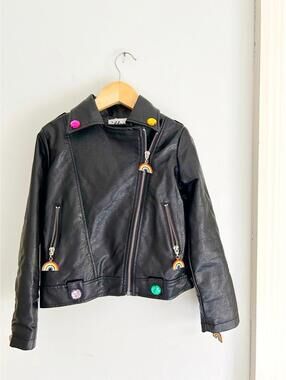 Lola + The Boys rainbow beaded faux leather jacket NWT